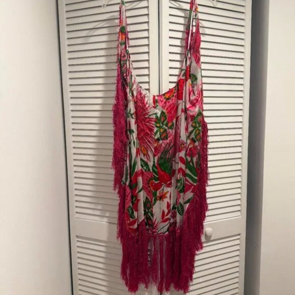 cult gaia Pink Floral Fringe Swim Coverup
